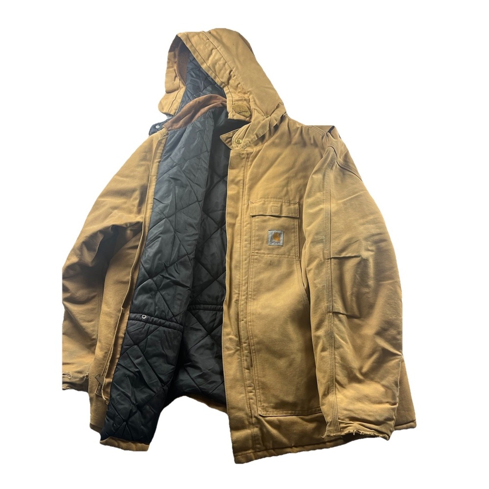 VTG Carhartt Canvas Arctic Quilted Lined Jacket W/ Hood Corduroy Collar Men XXL